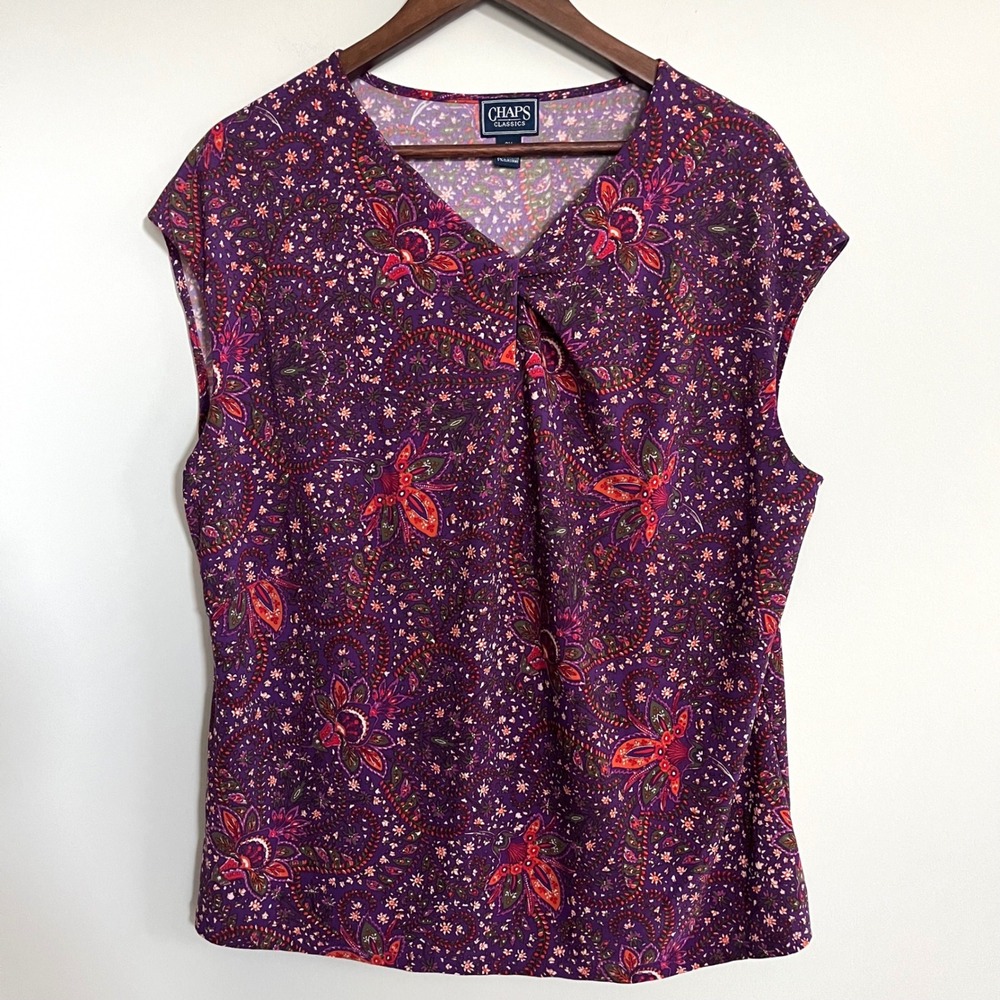Chaps Classics Purple Paisley Floral Twist Front V-Neck Sleeveless Blouse 2X